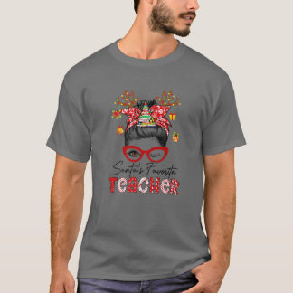 Santa's Favorite Teacher jul Funny Messy Bun T Shirt