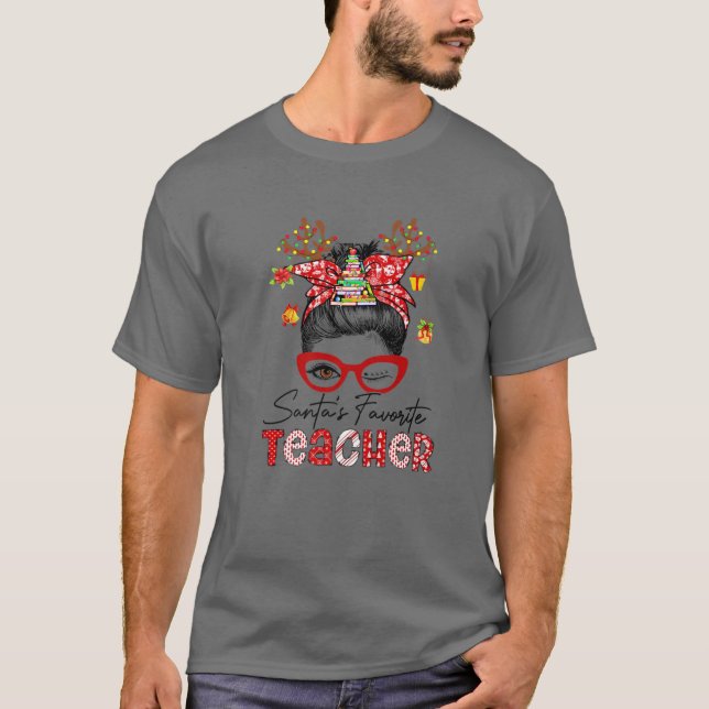 Santa's Favorite Teacher jul Funny Messy Bun T Shirt (Framsida)