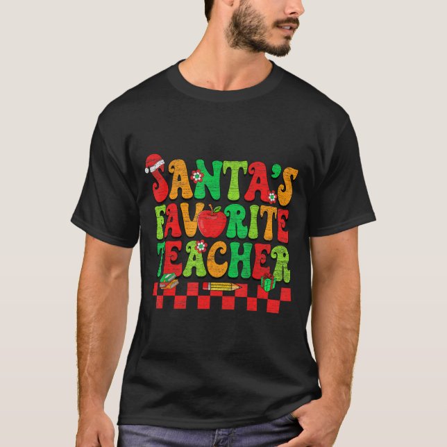 Santas Favorite Teacher Retro Groovy Christmas Xma T Shirt (Framsida)
