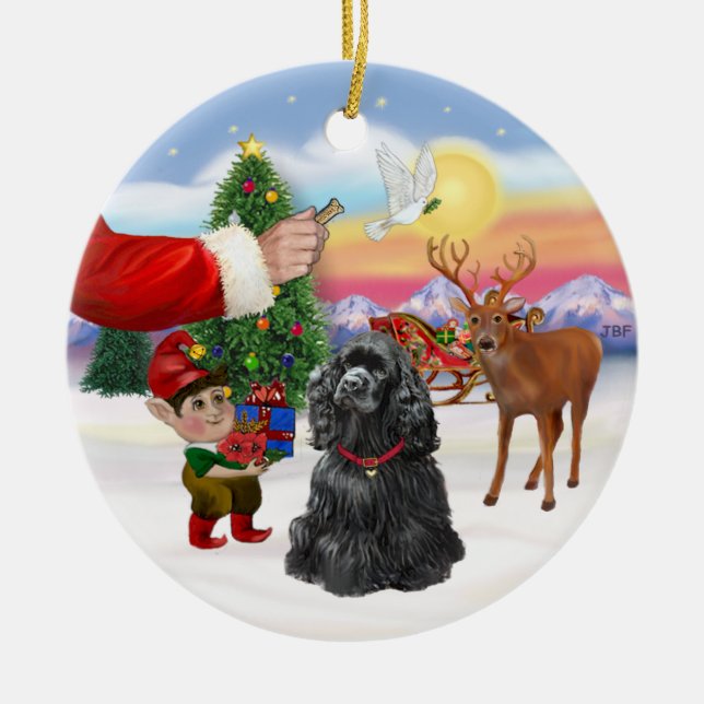 Santas godsak - Svart Cocker Spaniel Julgransprydnad Keramik (Framsidan)
