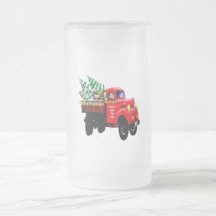 Santas här kommer lastbilen för julgranlantgård frostat ölglas