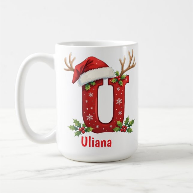 Santa's hat Monogrogram initial U merry Christmas  Kaffemugg (Vänster)