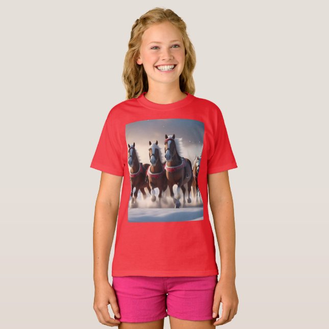 Santas jul Snö Horses, Kids Tshirt T Shirt (Hel framsida)