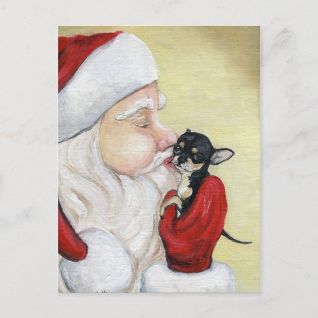 "Santa's Kiss for Chihuahua" Hund Art Postcard Helg Vykort (Framsida)