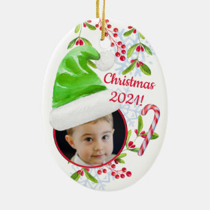 Santa's Little Helper Elf Hat Photo jul Julafton Julgransprydnad Keramik