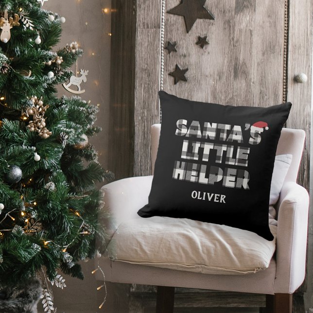 Santa's little helper Personalized  Kudde (santa's little helper personalized pillow. black and white plaid check)