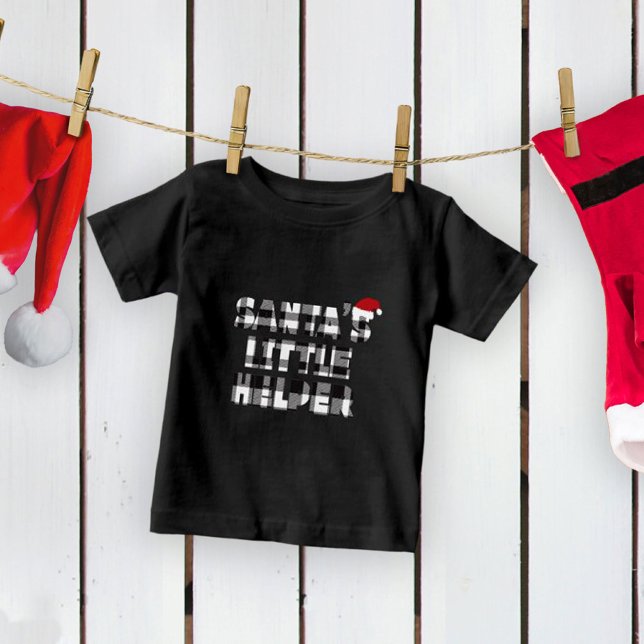Santa's little helper T-Shirt (cute santa's little helper kids tees. black plaid check design)