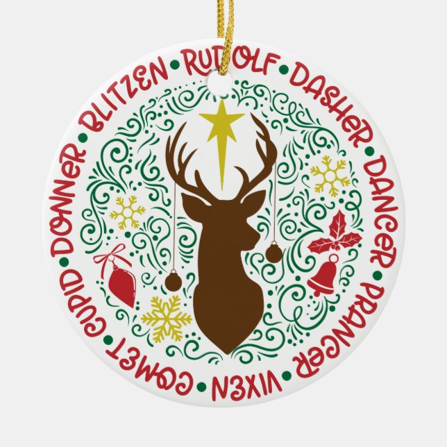 Santa's Magic Flies Reindeer Namn | Jul Julgransprydnad Keramik (Framsidan)