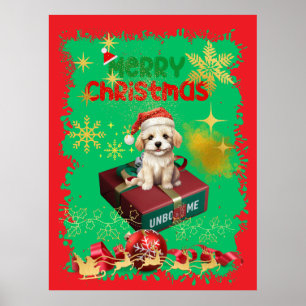 Santa's Maltisse sitta på en presentlåda. Poster