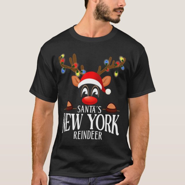 Santas New York Reindeer Funny Xmas Matching Pjs  T Shirt (Framsida)