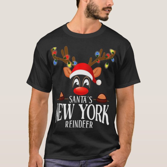 Santas New York Reindeer Funny Xmas Matching Pjs  T Shirt (Framsida)