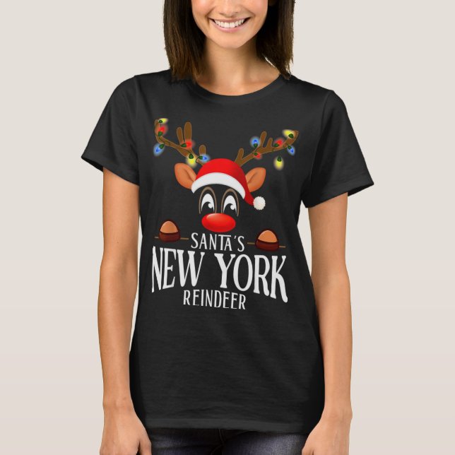 Santas New York Reindeer Funny Xmas Matching Pjs T T Shirt (Framsida)