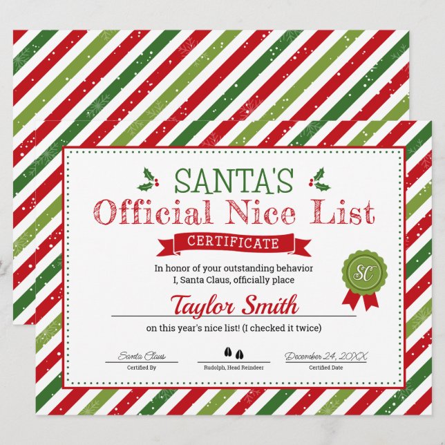 Santa's Nice List Certificate Inbjudningar (Fram/baksida)
