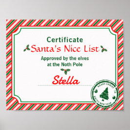 Santa's Nice List Certificate Red Green Candy Cane Poster