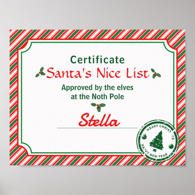 Santa's Nice List Certificate Red Green Candy Cane Poster (Framsidan)