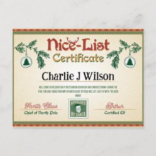 Santa's Nice List Certificate. Redigerbar namn. Helg Vykort