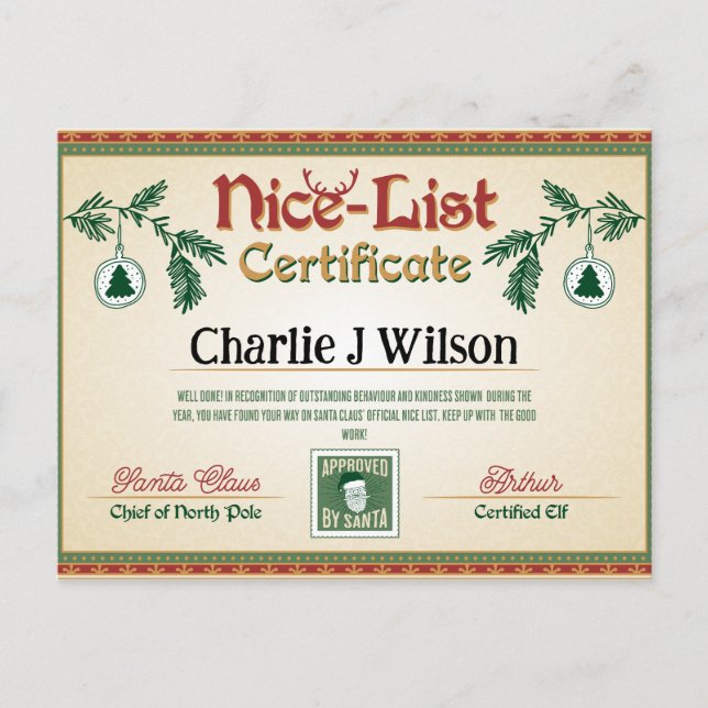 Santa's Nice List Certificate. Redigerbar namn. Helg Vykort (Framsida)