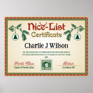 Santa's Nice List Certificate. Redigerbar namn. Poster