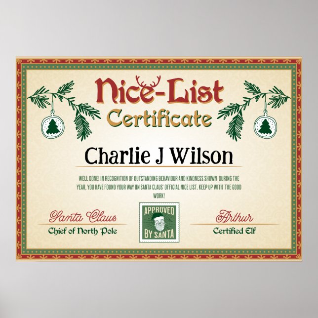 Santa's Nice List Certificate. Redigerbar namn. Poster (Framsidan)