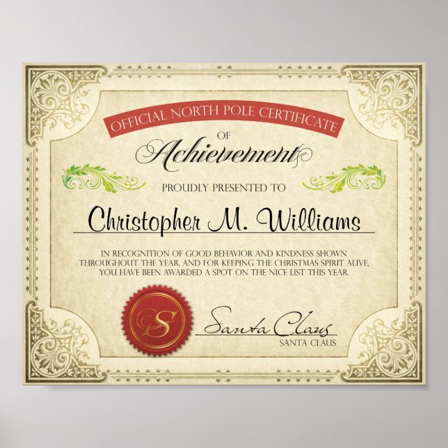 Santa's Nice List Personlig Certificate, Brev Poster (Framsidan)