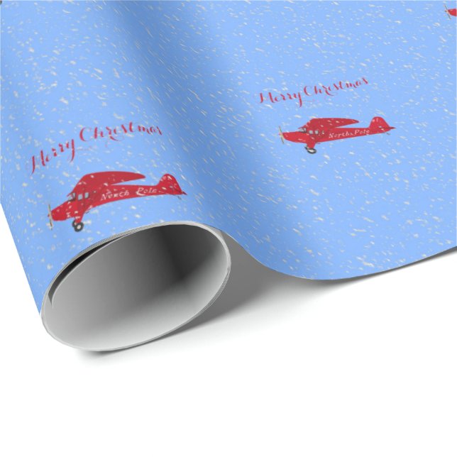 Santa's North Pole Red Airplan Snowing jul Presentpapper (Rullad Hörn)