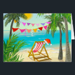Santa's on Vacation - Beach jul 4 x 5 OBS Kort<br><div class="desc">Äger du jul i ett varmt klimat eller önskar du det? Här är ett anteckningskort med en strandstol, en julhatt, handflatan träd och havet - illusionen är att tomten just har gått ut en simma och kommer att vara höger tillbaka. Texten inuti är helt anpassade så att du kan säga...</div>