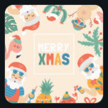 Santas på Beach Fyrkantigt Klistermärke<br><div class="desc">God jul! Det icke-traditionella strandtemat skiljer dig från resten! Utformningen har olika tropiska Jultomten och söta tecknade figurer med handskrivet multifärgad. Dekorera din helgdag eller behandla med dessa klistermärken.</div>