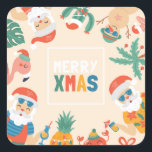 Santas på Beach Fyrkantigt Klistermärke<br><div class="desc">God jul! Det icke-traditionella strandtemat skiljer dig från resten! Utformningen har olika tropiska Jultomten och söta tecknade figurer med handskrivet multifärgad. Dekorera din helgdag eller behandla med dessa klistermärken.</div>