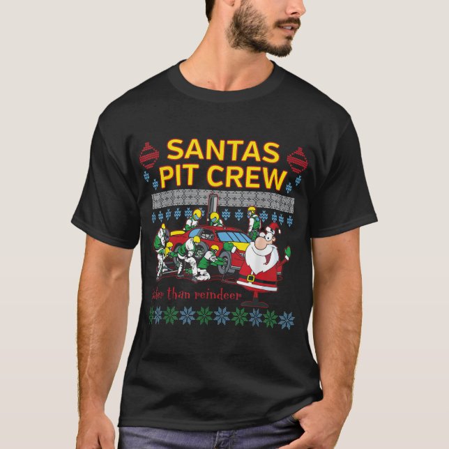 Santa's Pit Crew Tävling-bilen, god jul T Shirt (Framsida)
