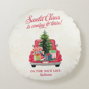 Santa's Red Lastbil Nice List Rund Kudde