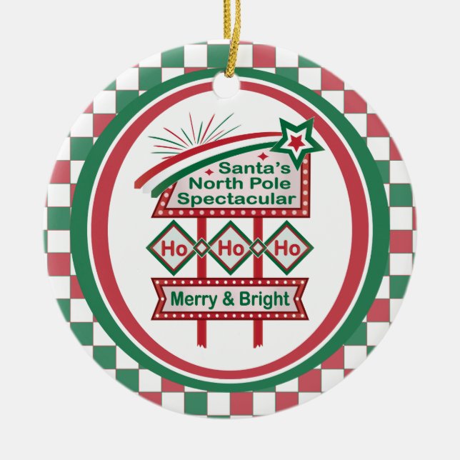 Santa's Retro Marquee - Ho Ho Ho Merry & Bright Julgransprydnad Keramik (Framsidan)