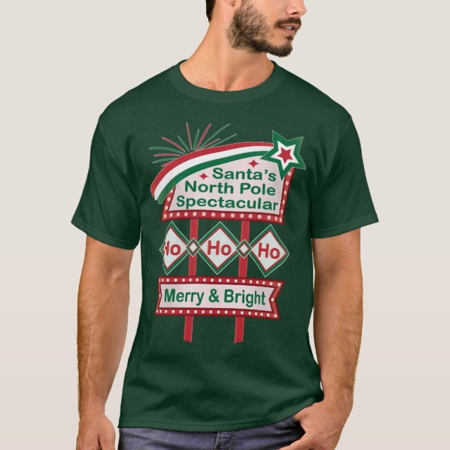 Santa's Retro Marquee - Ho Ho Ho Merry & Bright T Shirt (Framsida)