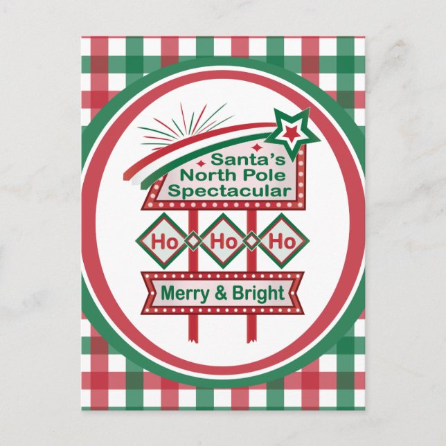 Santa's Retro Marquee - Ho Ho Ho Merry & Bright Vykort (Framsida)