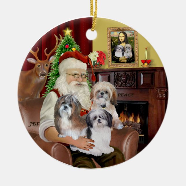 Santa's Shih Tzus (TRE) Julgransprydnad Keramik (Framsidan)