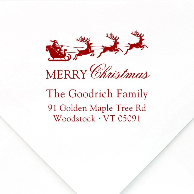 Santa's Sleigh God jul Returadress Stämpel (Festive, script Merry Christmas return address stamp featuring elegant Santa's Reindeer Sleigh red)