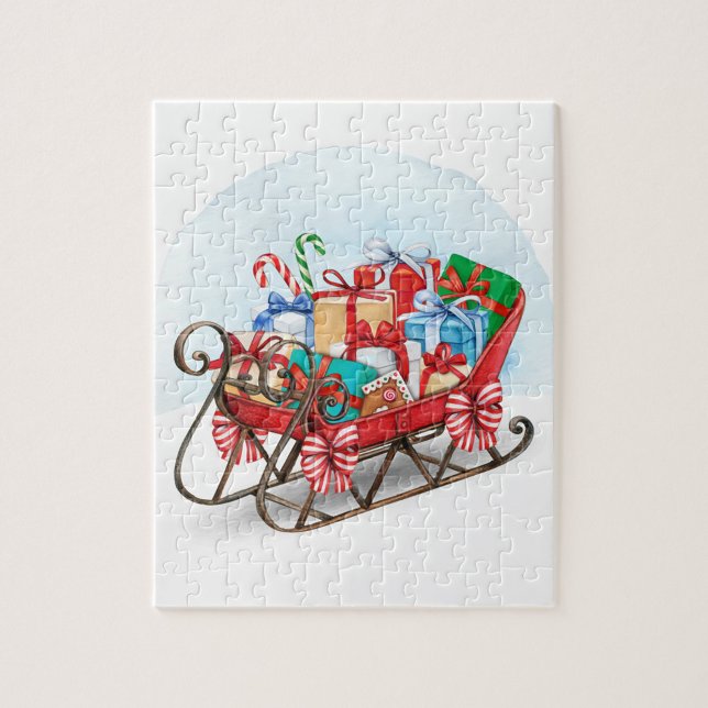 Santa's Sleigh Jigszawa Puzzle Pussel (A festive sleigh filled with colorful presents, adorned with candy canes and ribbons.)