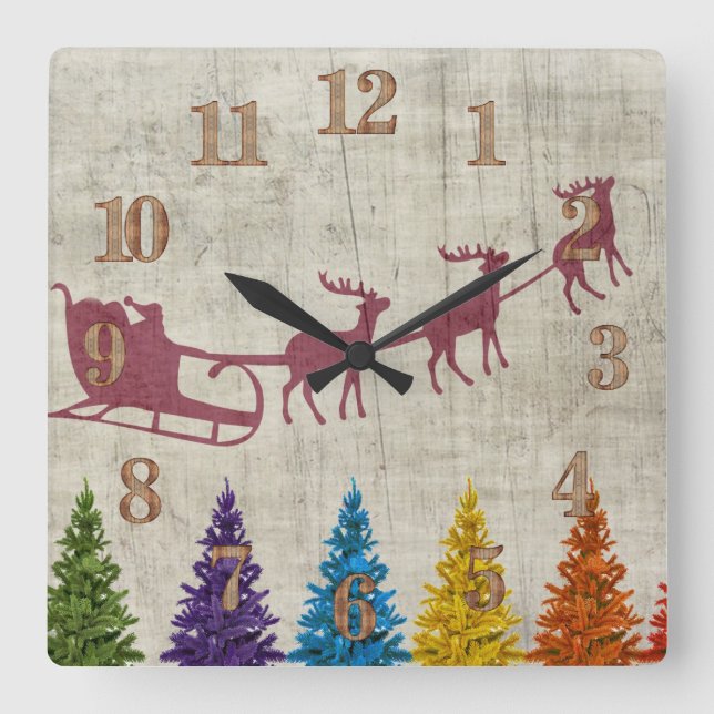 Santa's Sleigh och Colorful Träd Fyrkantig Klocka (Framsida)
