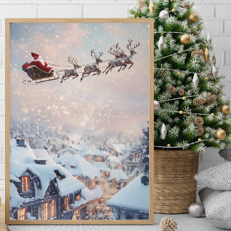Santa's Sleigh och Flies Reindeer Poster