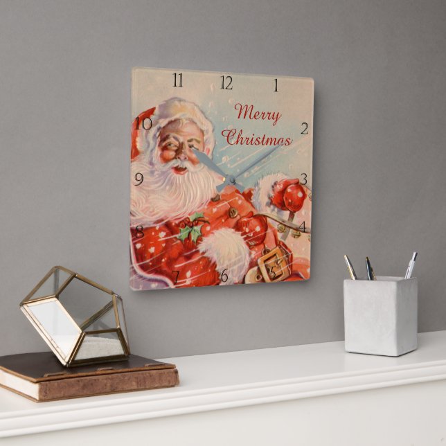 Santas Sleigh Ride Vintage jul Clock Fyrkantig Klocka (Kontor)