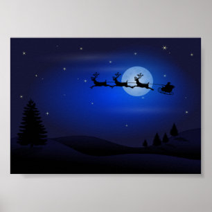 Santa's Sleigh Riding över Måne Poster
