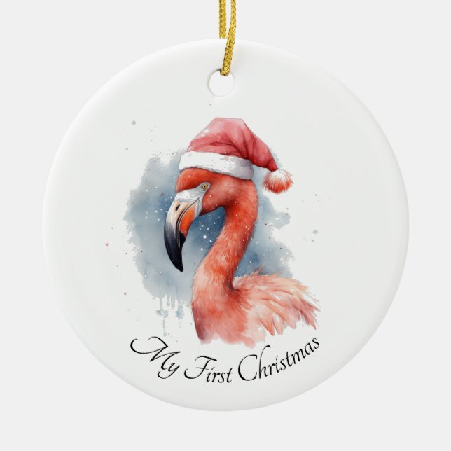 Santa's Snowbird Flamingo, anpassningsbar Julgransprydnad Keramik (Framsidan)