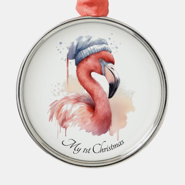 Santa's Snowbird Flamingo, anpassningsbar Julgransprydnad Metall (Framsidan)