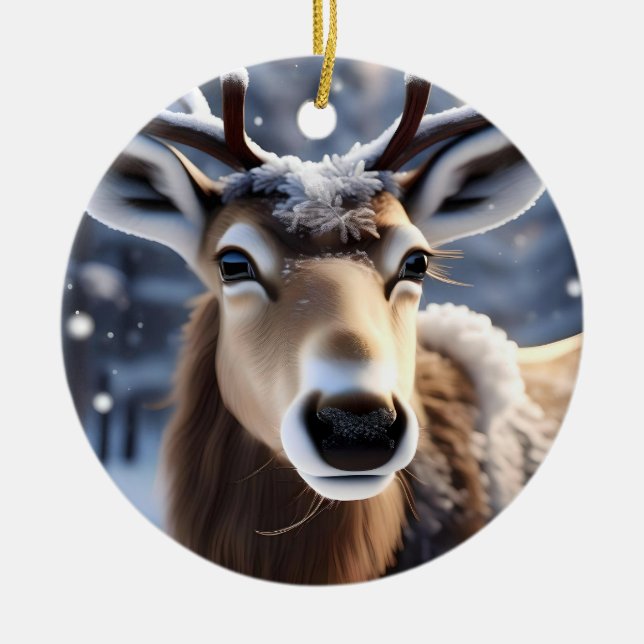 Santas Söt Close Reindeer. Julgransprydnad Keramik (Framsidan)