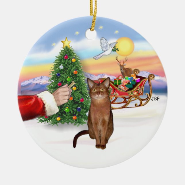 Santas Treat - Ruddy Abyssinian cat Julgransprydnad Keramik (Framsidan)