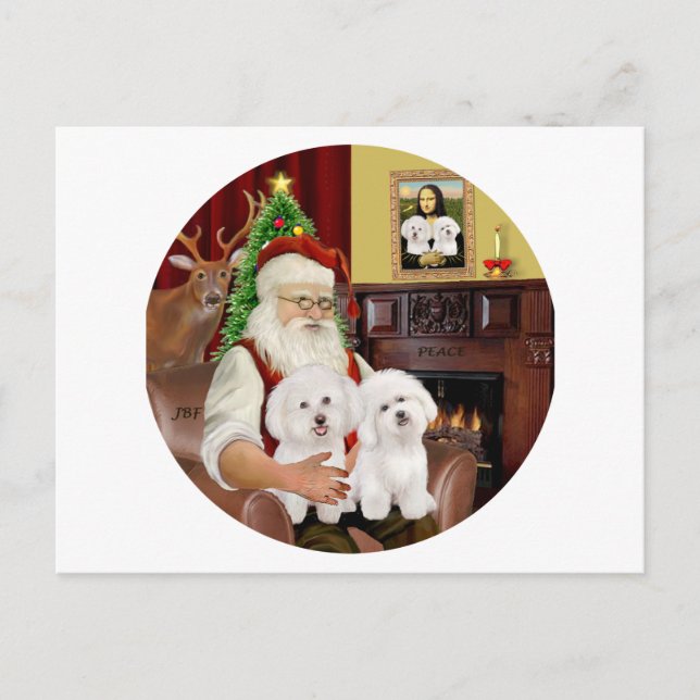Santa's Two Bichon Frise Helg Vykort (Framsida)