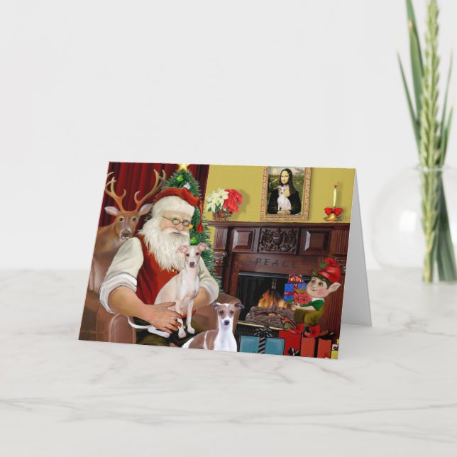 Santa's Two Italy Greyhounds Helgkort (Framsida)