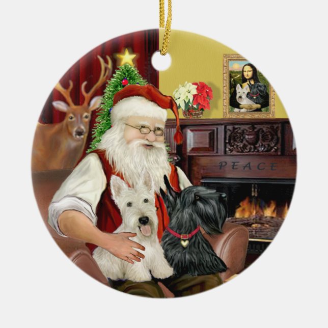 Santa's TWO Scottish Terriers Julgransprydnad Keramik (Framsidan)
