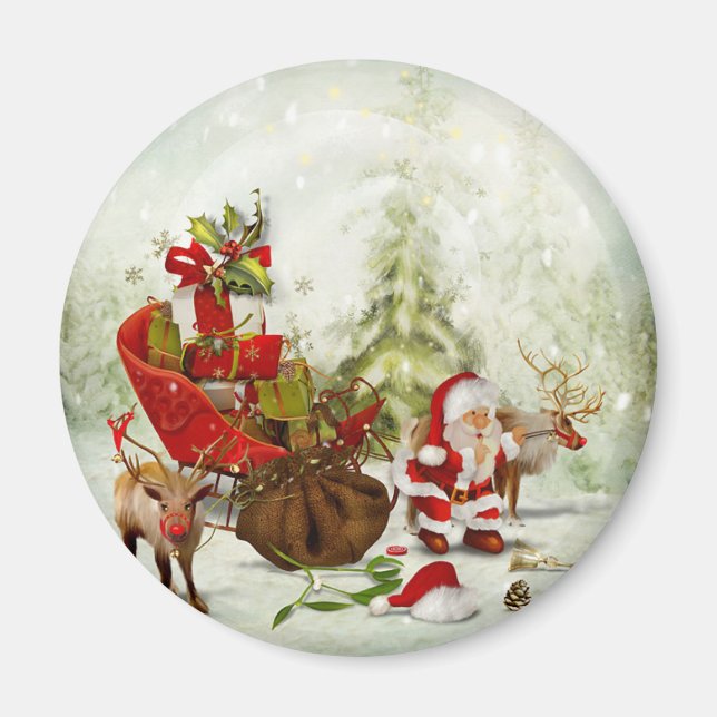 Santa's Woodland Stop -Reindeer & Sleigh Magnet (Framsidan)