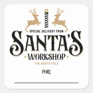 Santa's Workshop Black Guld Helgdag Gift Fyrkantigt Klistermärke