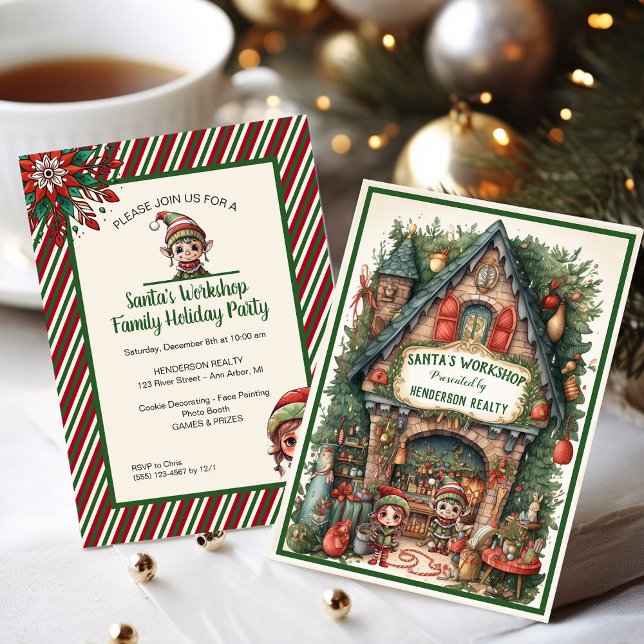 Santa's Workshop Julfest Inbjudningar (Santas workshop Christmas party invitations for a client appreciation event.)